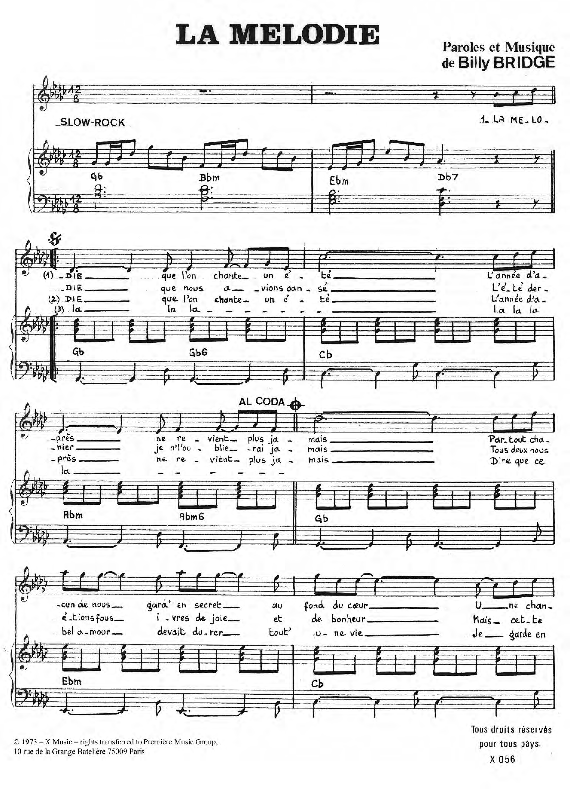 Billy Bridge La Melodie Sheet Music Notes & Chords for Piano & Vocal - Download or Print PDF