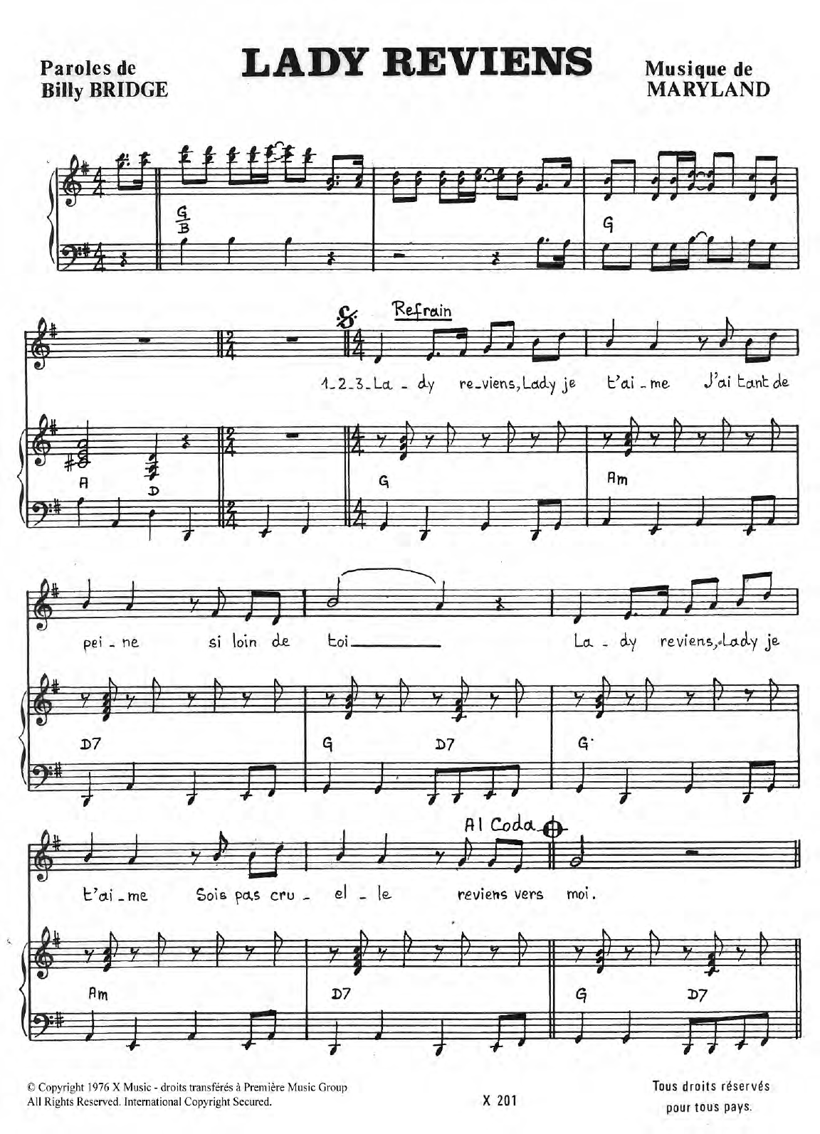 Billy Bridge Lady Reviens Sheet Music Notes & Chords for Piano & Vocal - Download or Print PDF