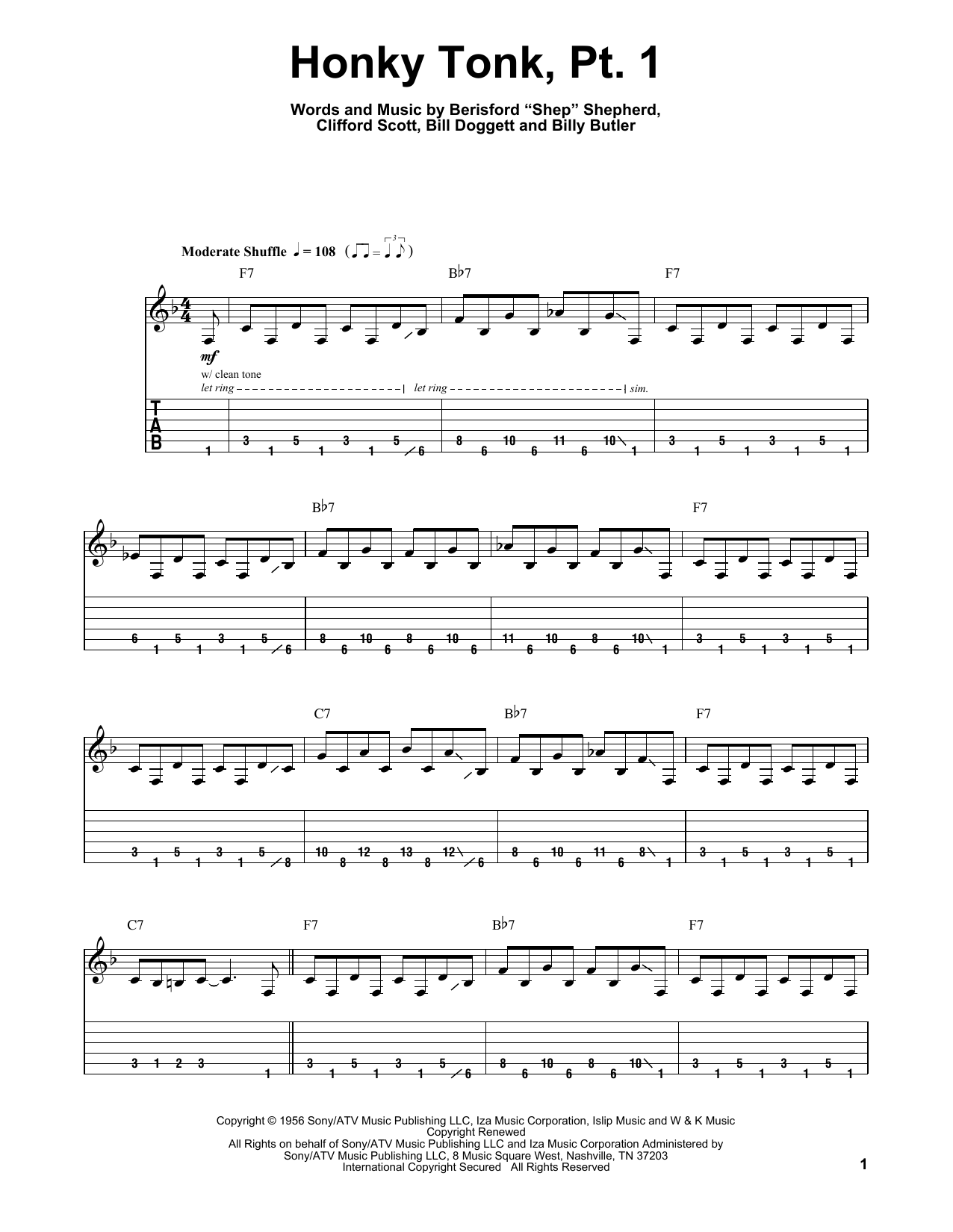 Billy Butler Honky Tonk (Part 1) Sheet Music Notes & Chords for Guitar Tab Play-Along - Download or Print PDF