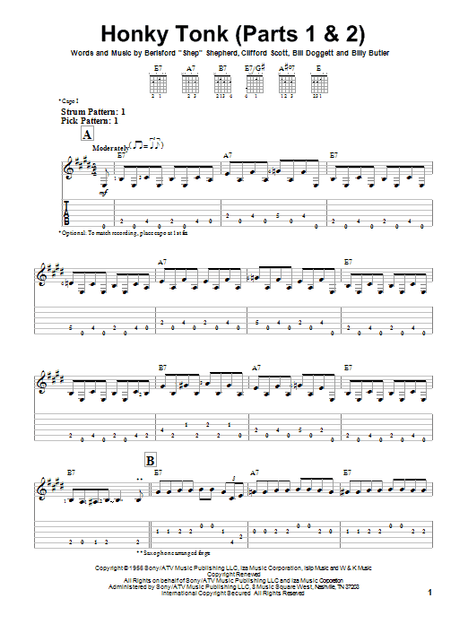 Billy Butler Honky Tonk (Parts 1 & 2) Sheet Music Notes & Chords for Easy Guitar Tab - Download or Print PDF