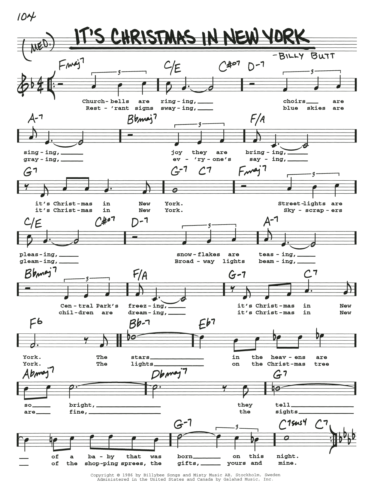 Billy Butt It's Christmas In New York Sheet Music Notes & Chords for Lead Sheet / Fake Book - Download or Print PDF