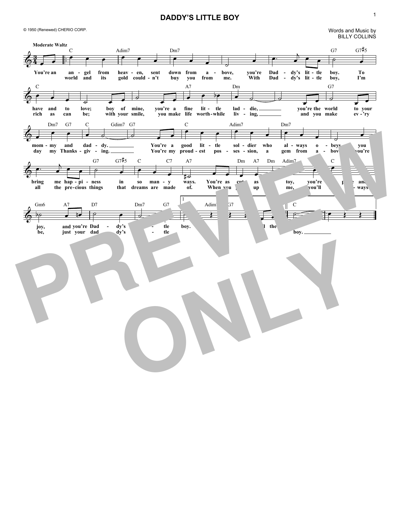 Billy Collins Daddy's Little Boy Sheet Music Notes & Chords for Melody Line, Lyrics & Chords - Download or Print PDF