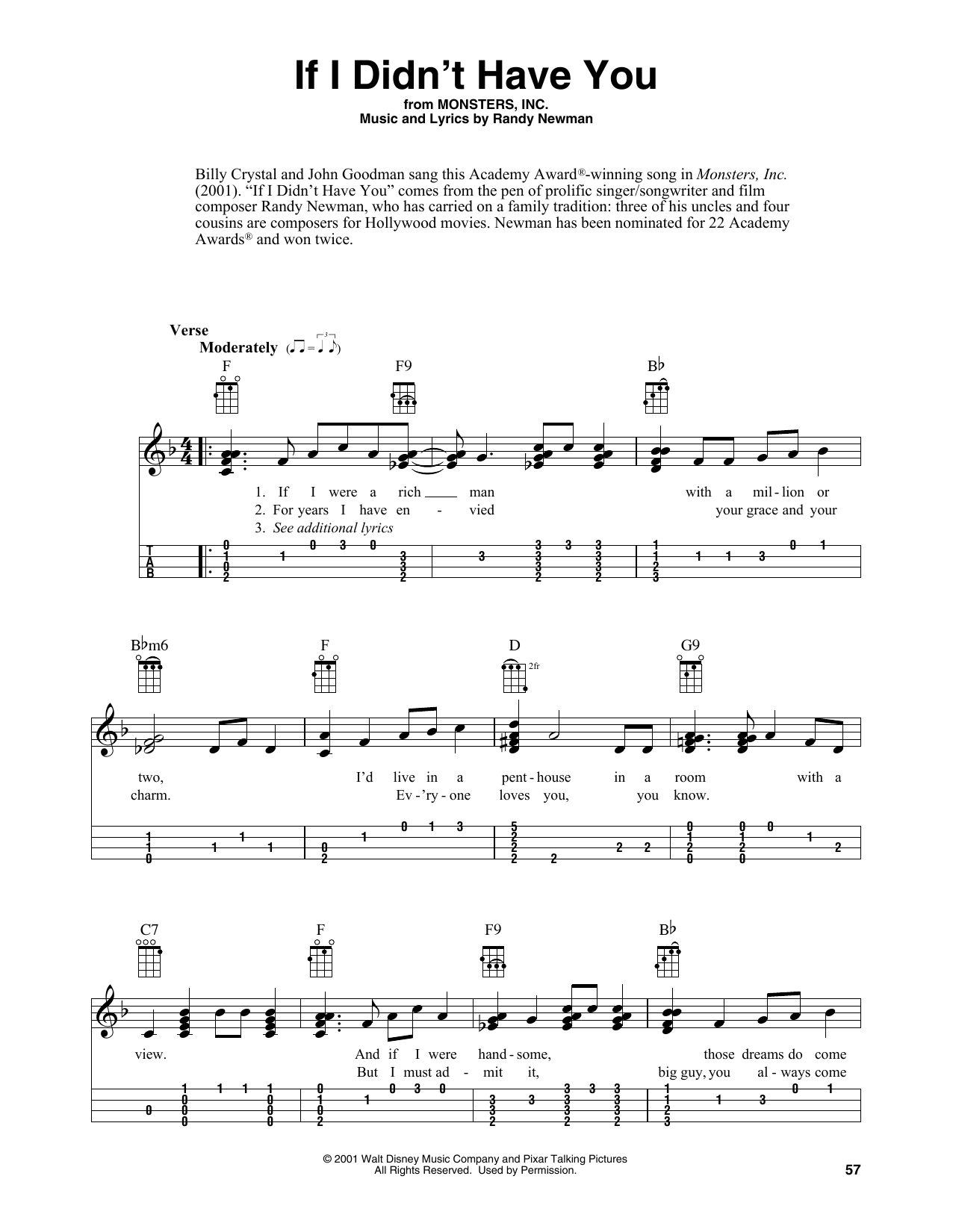 Billy Crystal and John Goodman If I Didn't Have You (from Monsters, Inc.) (arr. Fred Sokolow) Sheet Music Notes & Chords for Easy Ukulele Tab - Download or Print PDF