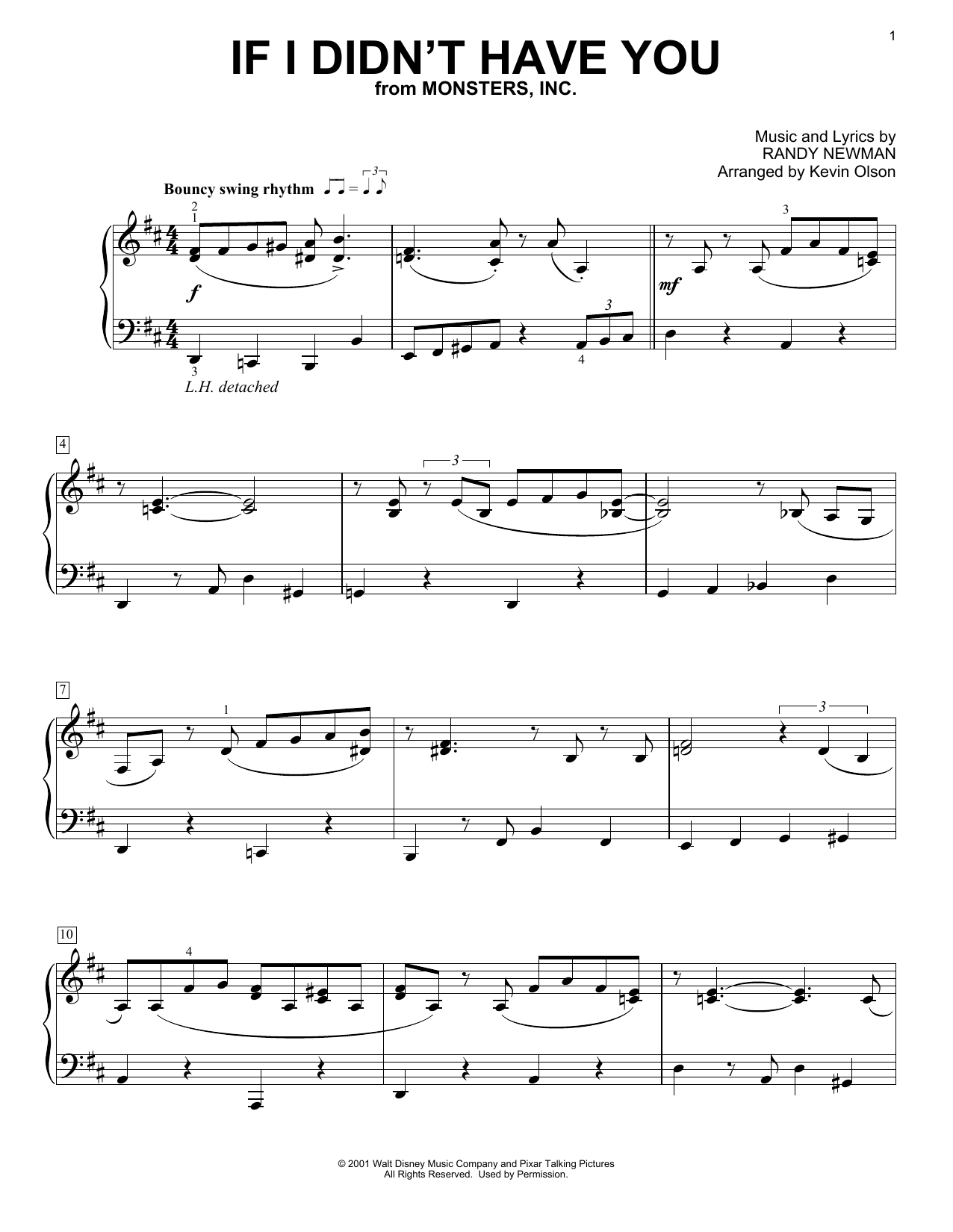 Billy Crystal and John Goodman If I Didn't Have You (from Monsters, Inc.) (arr. Kevin Olson) Sheet Music Notes & Chords for Easy Piano Solo - Download or Print PDF
