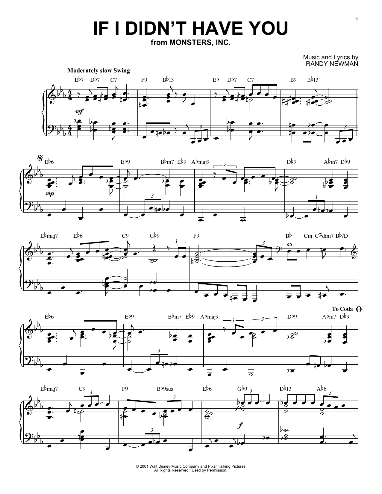 Billy Crystal and John Goodman If I Didn't Have You [Jazz version] (from Disney's Monsters, Inc.) Sheet Music Notes & Chords for Piano - Download or Print PDF
