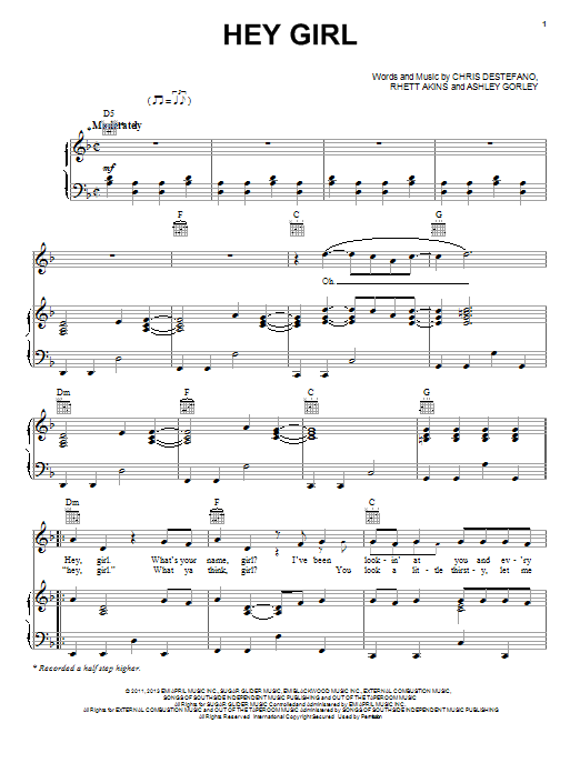 Billy Currington Hey Girl Sheet Music Notes & Chords for Piano, Vocal & Guitar (Right-Hand Melody) - Download or Print PDF