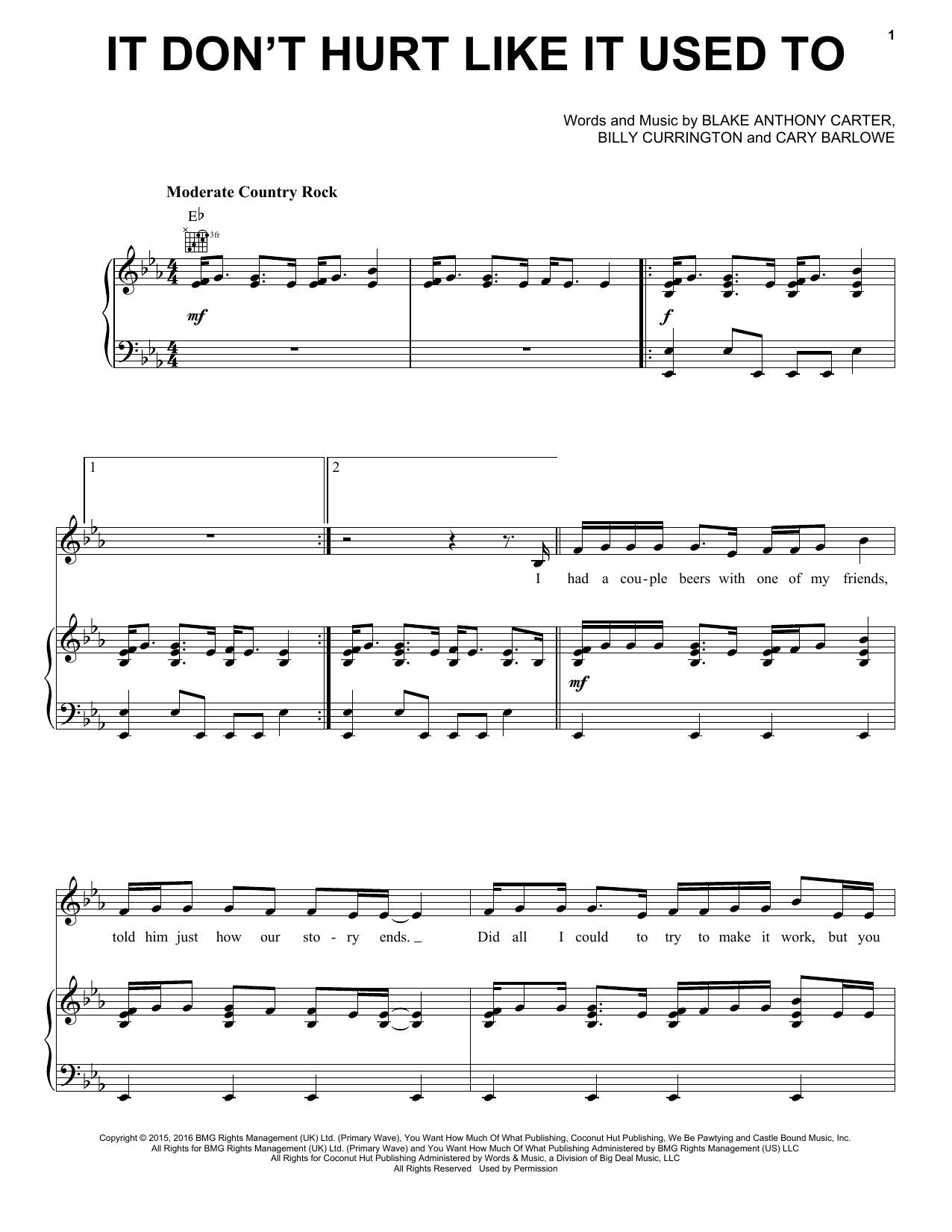 Billy Currington It Don't Hurt Like It Used To Sheet Music Notes & Chords for Piano, Vocal & Guitar (Right-Hand Melody) - Download or Print PDF