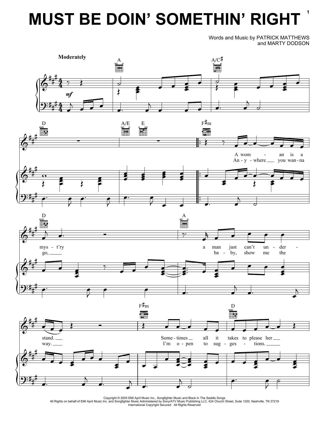 Billy Currington Must Be Doin' Somethin' Right Sheet Music Notes & Chords for Piano, Vocal & Guitar (Right-Hand Melody) - Download or Print PDF