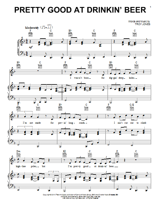 Billy Currington Pretty Good At Drinkin' Beer Sheet Music Notes & Chords for Piano, Vocal & Guitar (Right-Hand Melody) - Download or Print PDF