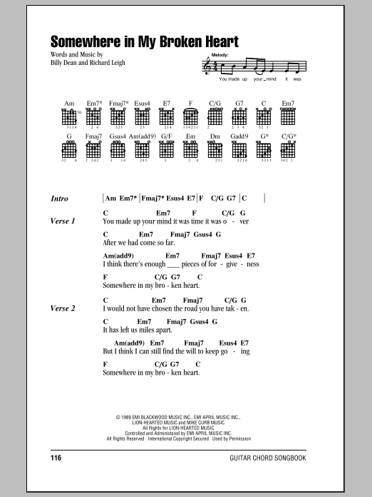 Billy Dean Somewhere In My Broken Heart Sheet Music Notes & Chords for Lyrics & Chords - Download or Print PDF