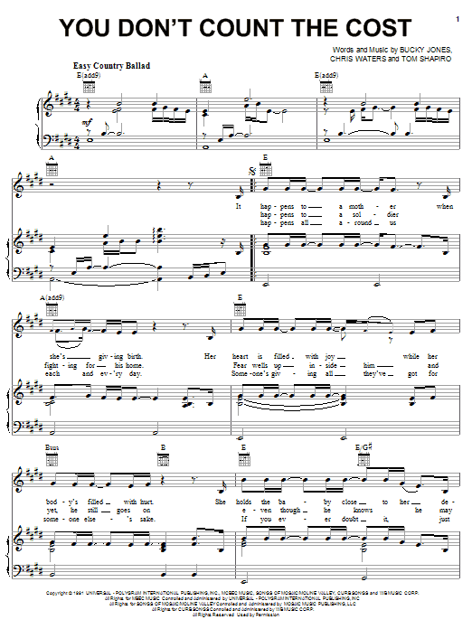 Billy Dean You Don't Count The Cost Sheet Music Notes & Chords for Piano, Vocal & Guitar (Right-Hand Melody) - Download or Print PDF