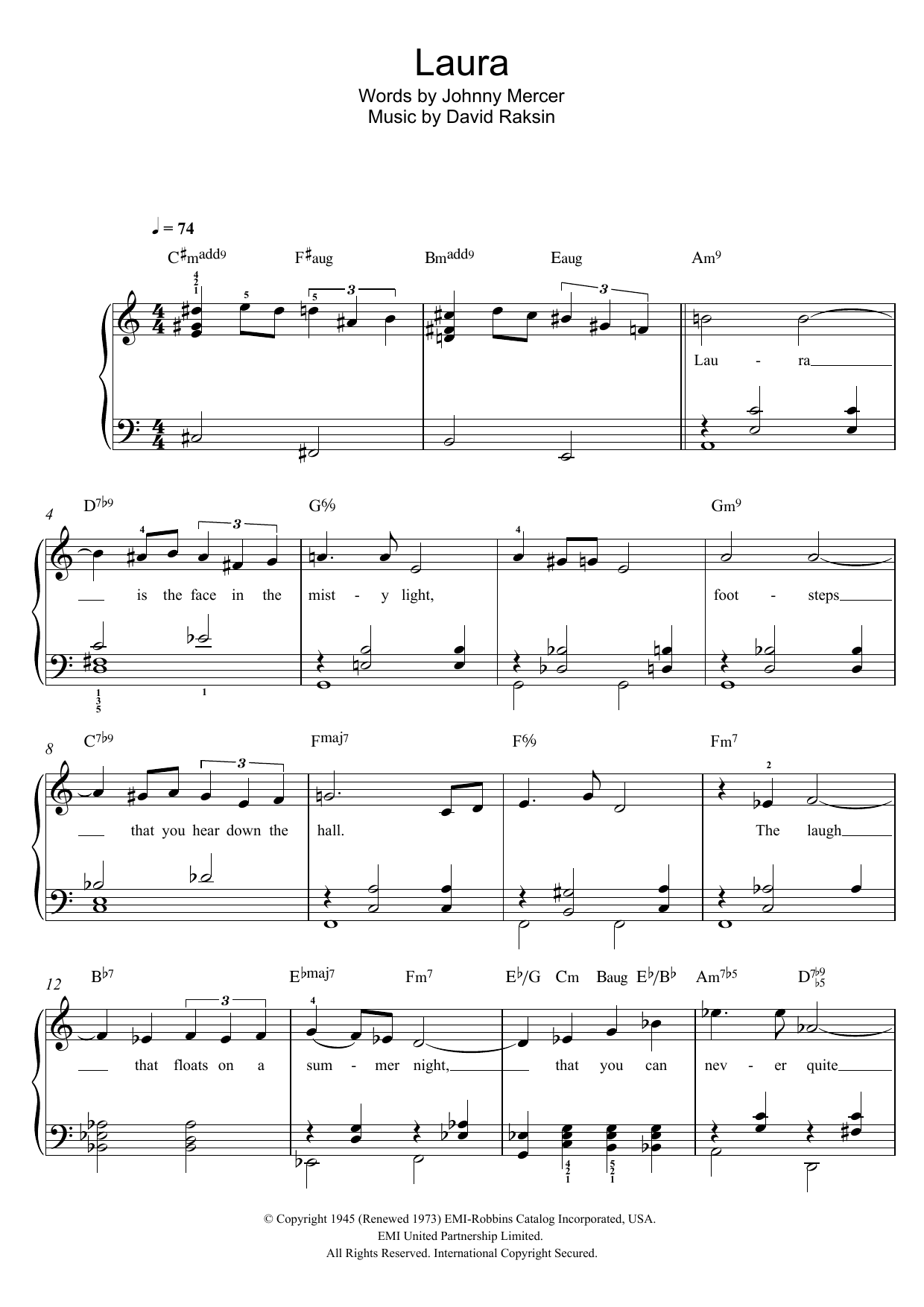 Billy Eckstine Laura Sheet Music Notes & Chords for Easy Piano - Download or Print PDF