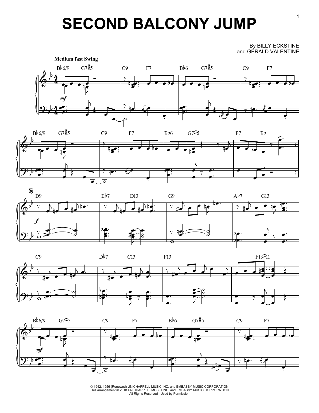 Billy Eckstine Second Balcony Jump Sheet Music Notes & Chords for Piano - Download or Print PDF