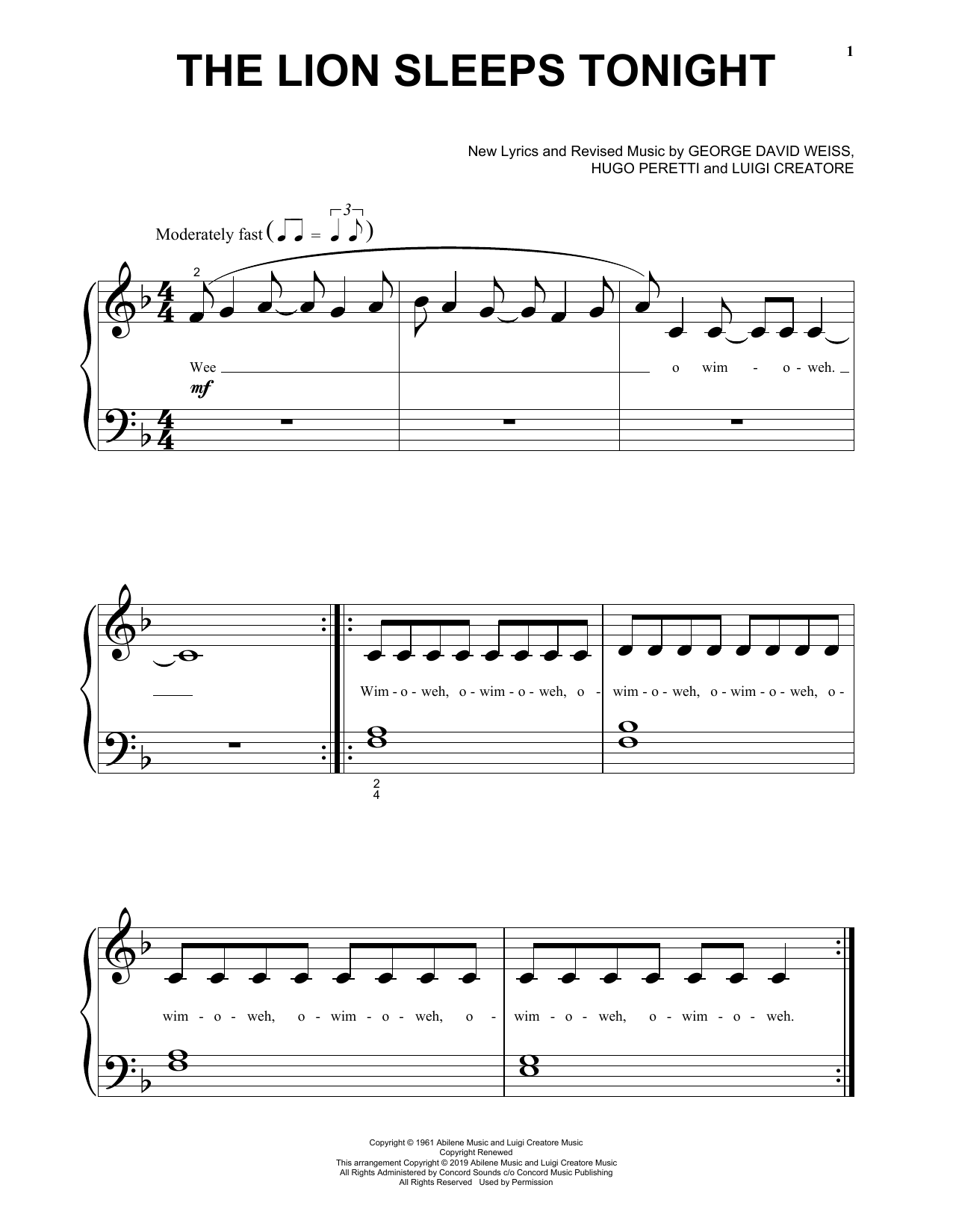 Billy Eichner and Seth Rogen The Lion Sleeps Tonight (from The Lion King 2019) Sheet Music Notes & Chords for Big Note Piano - Download or Print PDF