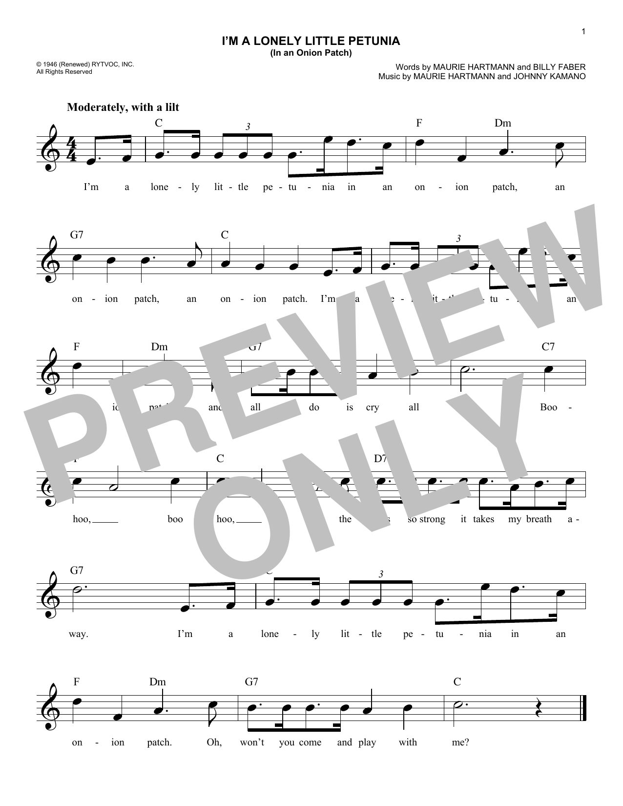 Billy Faber I'm A Lonely Little Petunia (In An Onion Patch) Sheet Music Notes & Chords for Melody Line, Lyrics & Chords - Download or Print PDF