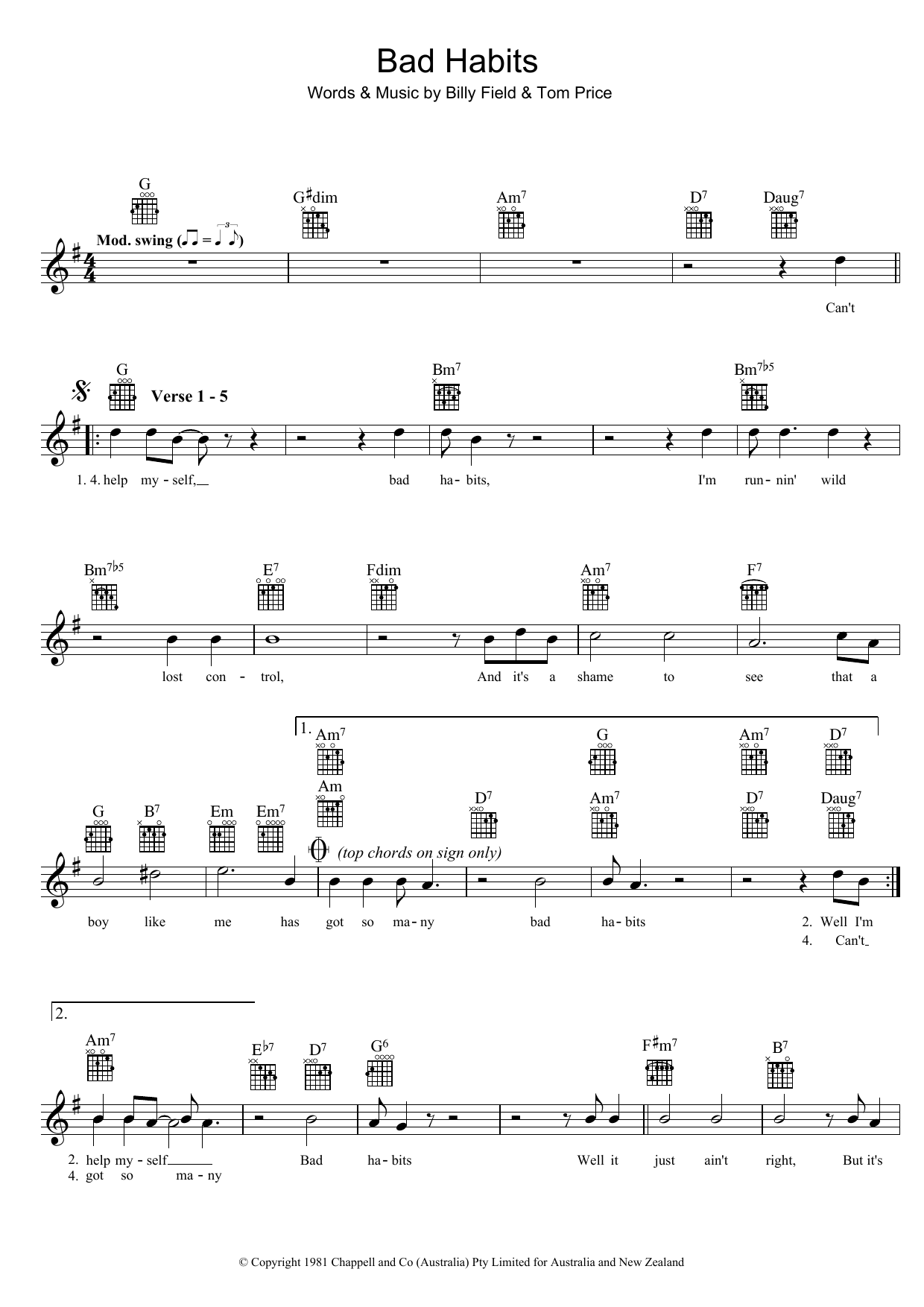 Billy Field Bad Habits Sheet Music Notes & Chords for Melody Line, Lyrics & Chords - Download or Print PDF