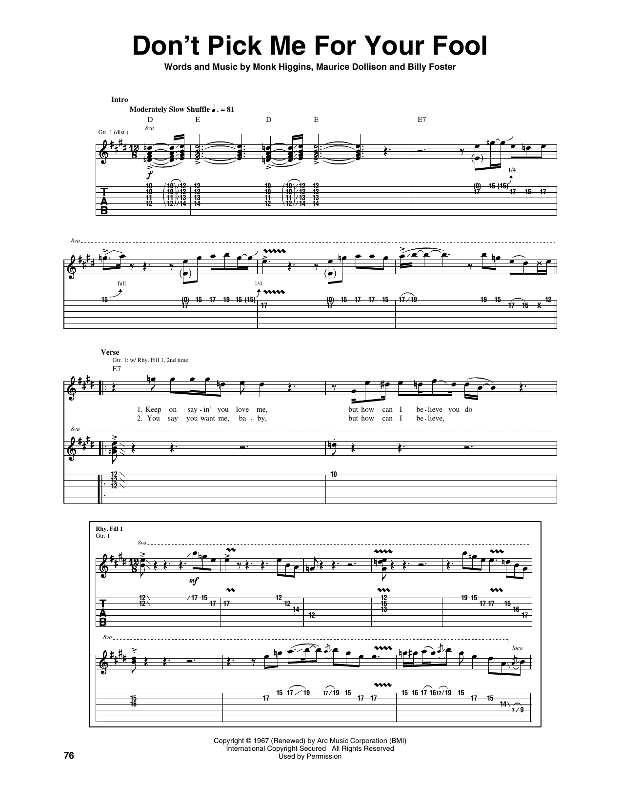 Billy Foster Don't Pick Me For Your Fool Sheet Music Notes & Chords for Guitar Tab - Download or Print PDF