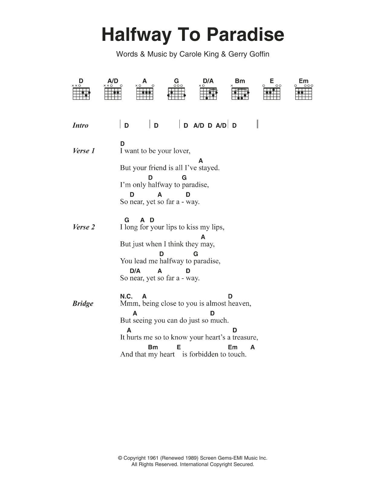 Billy Fury Halfway To Paradise Sheet Music Notes & Chords for Lyrics & Chords - Download or Print PDF