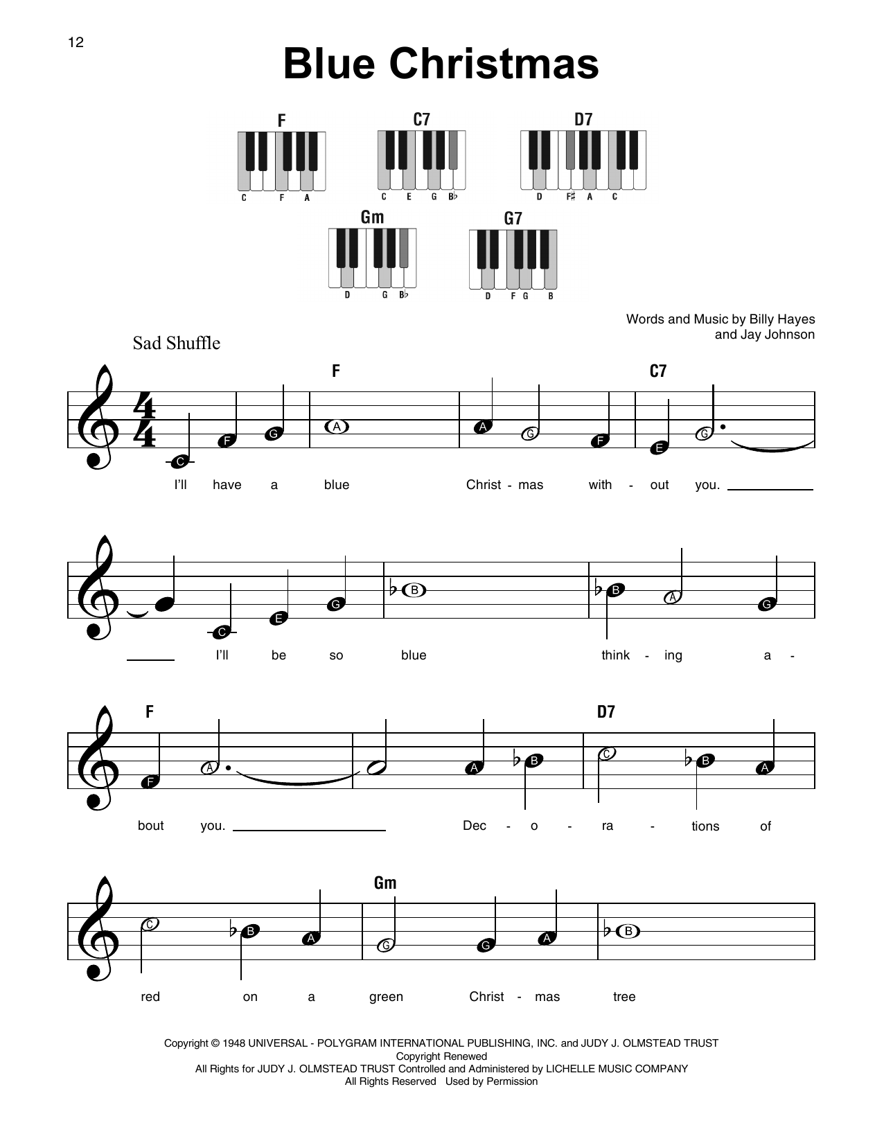 Billy Hayes Blue Christmas Sheet Music Notes & Chords for Super Easy Piano - Download or Print PDF