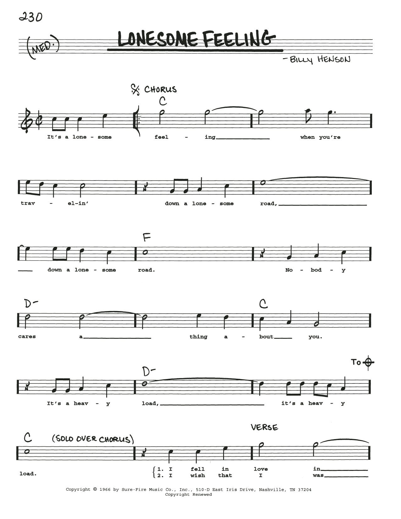 Billy Henson Lonesome Feeling Sheet Music Notes & Chords for Real Book – Melody, Lyrics & Chords - Download or Print PDF