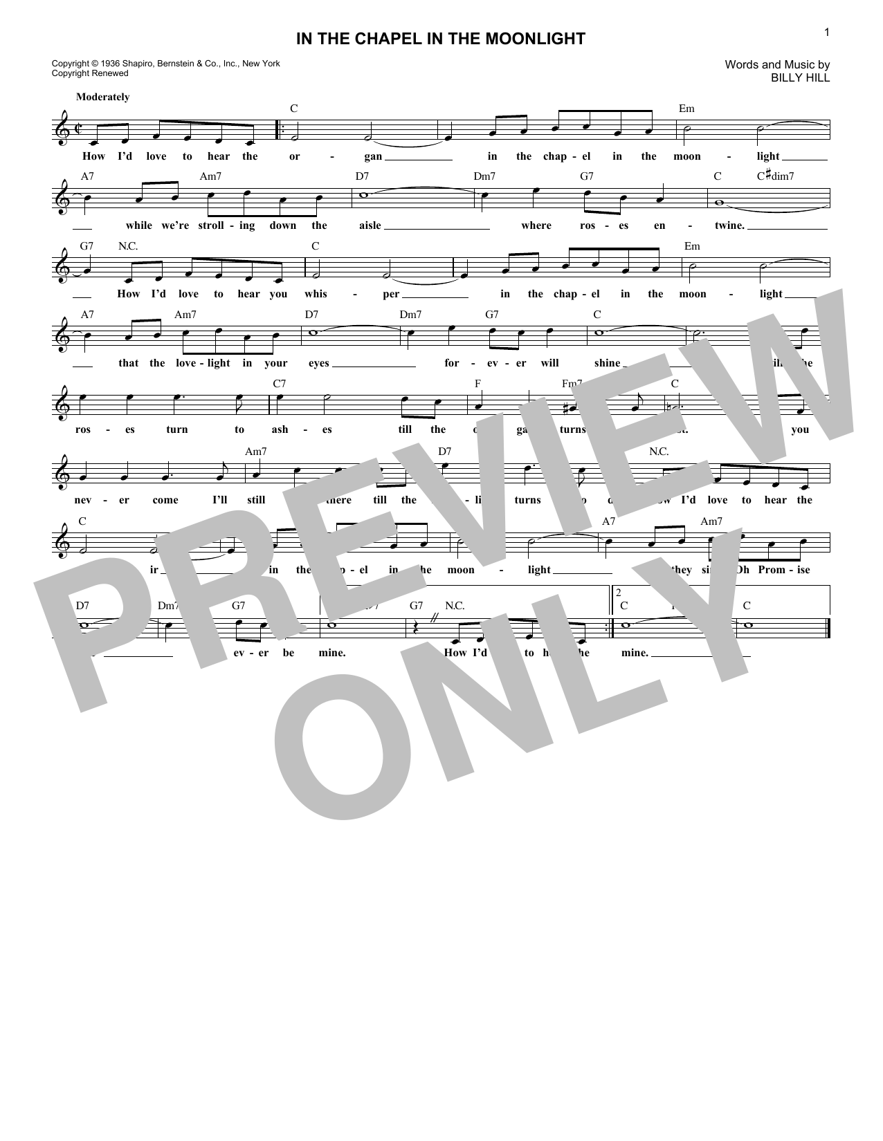 Billy Hill In The Chapel In The Moonlight Sheet Music Notes & Chords for Lead Sheet / Fake Book - Download or Print PDF