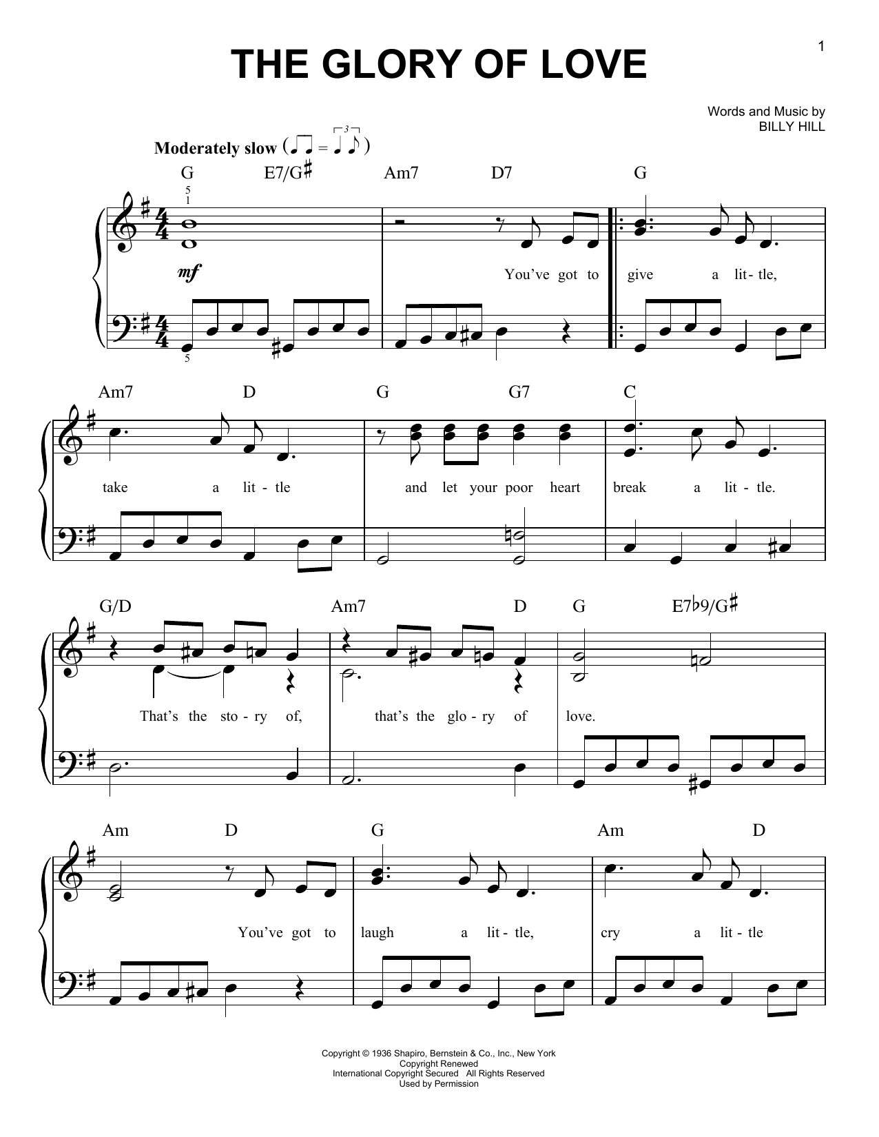 Billy Hill The Glory Of Love Sheet Music Notes & Chords for Easy Piano - Download or Print PDF