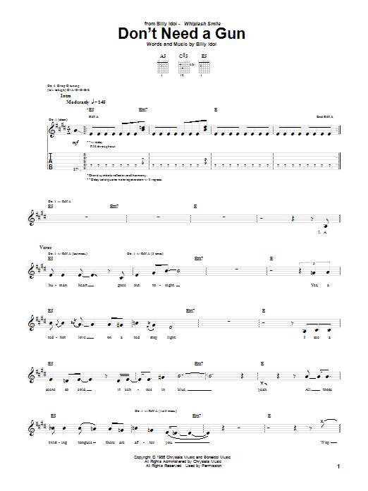 Billy Idol Don't Need A Gun Sheet Music Notes & Chords for Guitar Tab - Download or Print PDF