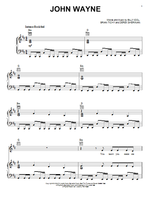 Billy Idol John Wayne Sheet Music Notes & Chords for Piano, Vocal & Guitar (Right-Hand Melody) - Download or Print PDF