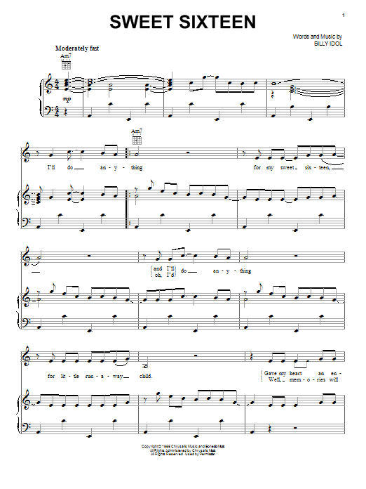 Billy Idol Sweet Sixteen Sheet Music Notes & Chords for Lyrics & Chords - Download or Print PDF