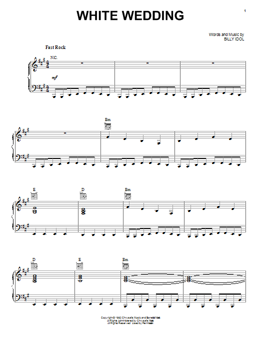 Billy Idol White Wedding Sheet Music Notes & Chords for Piano, Vocal & Guitar (Right-Hand Melody) - Download or Print PDF