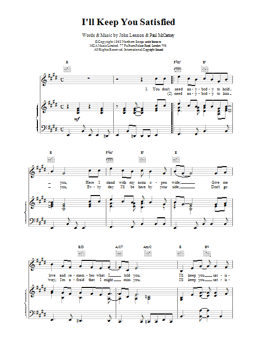 Billy J. Kramer I'll Keep You Satisfied Sheet Music Notes & Chords for Piano, Vocal & Guitar (Right-Hand Melody) - Download or Print PDF