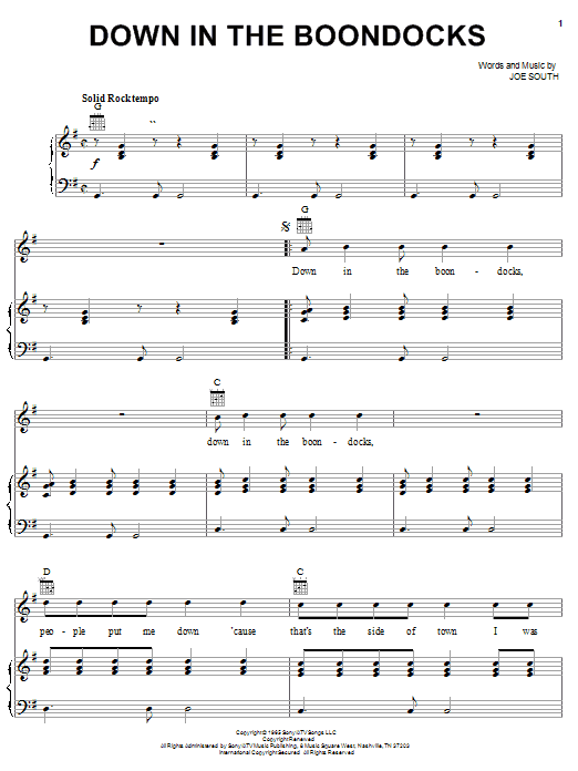 Billy Joe Royal Down In The Boondocks Sheet Music Notes & Chords for Melody Line, Lyrics & Chords - Download or Print PDF