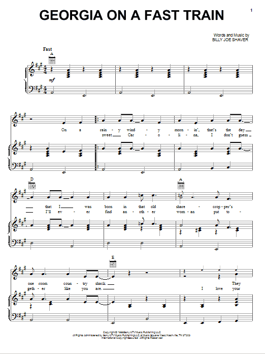 Billy Joe Shaver Georgia On A Fast Train Sheet Music Notes & Chords for Piano, Vocal & Guitar (Right-Hand Melody) - Download or Print PDF