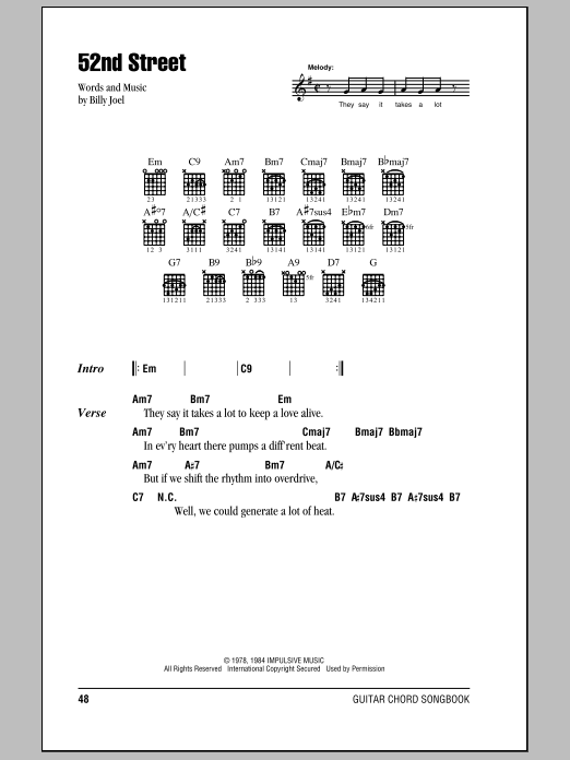 Billy Joel 52nd Street Sheet Music Notes & Chords for Piano, Vocal & Guitar (Right-Hand Melody) - Download or Print PDF