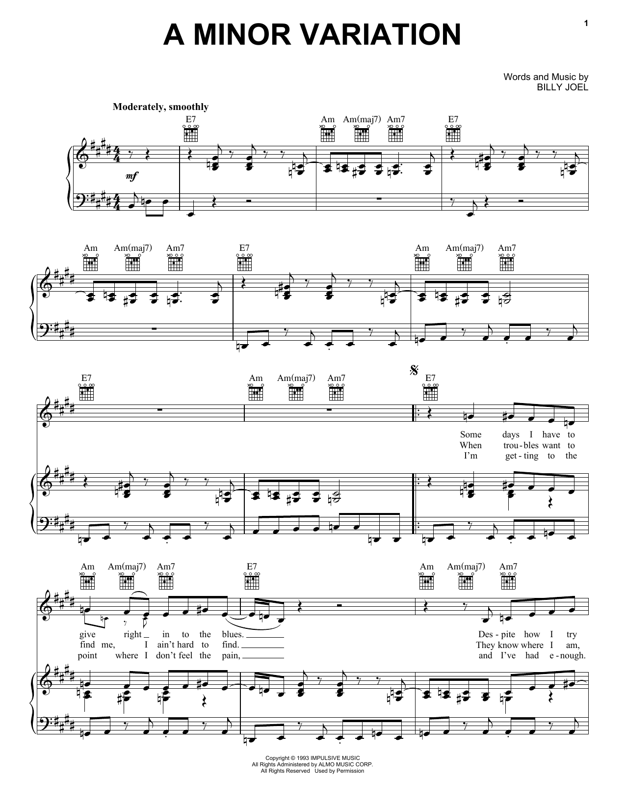 Billy Joel A Minor Variation Sheet Music Notes & Chords for Piano, Vocal & Guitar Chords (Right-Hand Melody) - Download or Print PDF