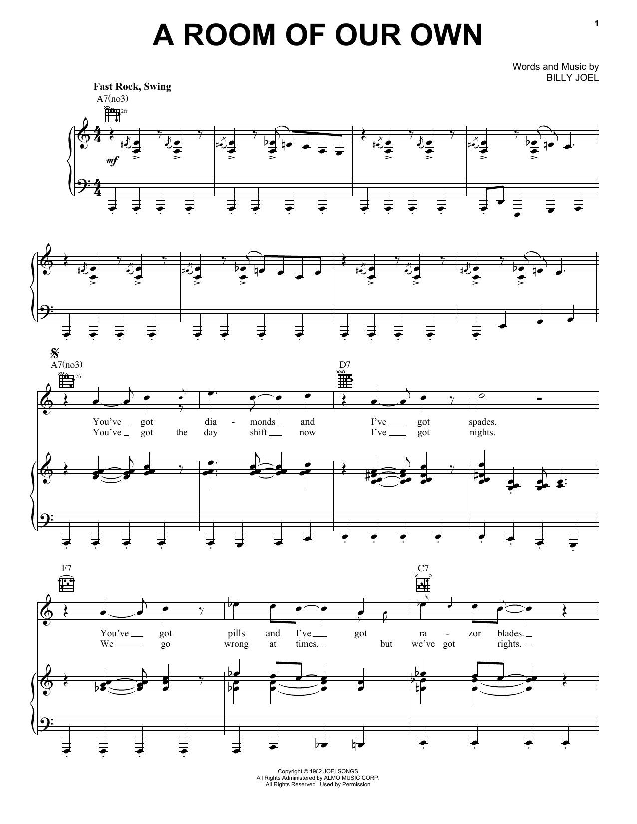 Billy Joel A Room Of Our Own Sheet Music Notes & Chords for Piano, Vocal & Guitar Chords (Right-Hand Melody) - Download or Print PDF Billy Joel A Room Of Our Own Sheet Music Notes & Chords for Piano, Vocal & Guitar Chords (Right-Hand Melody) - Download or Print PDF