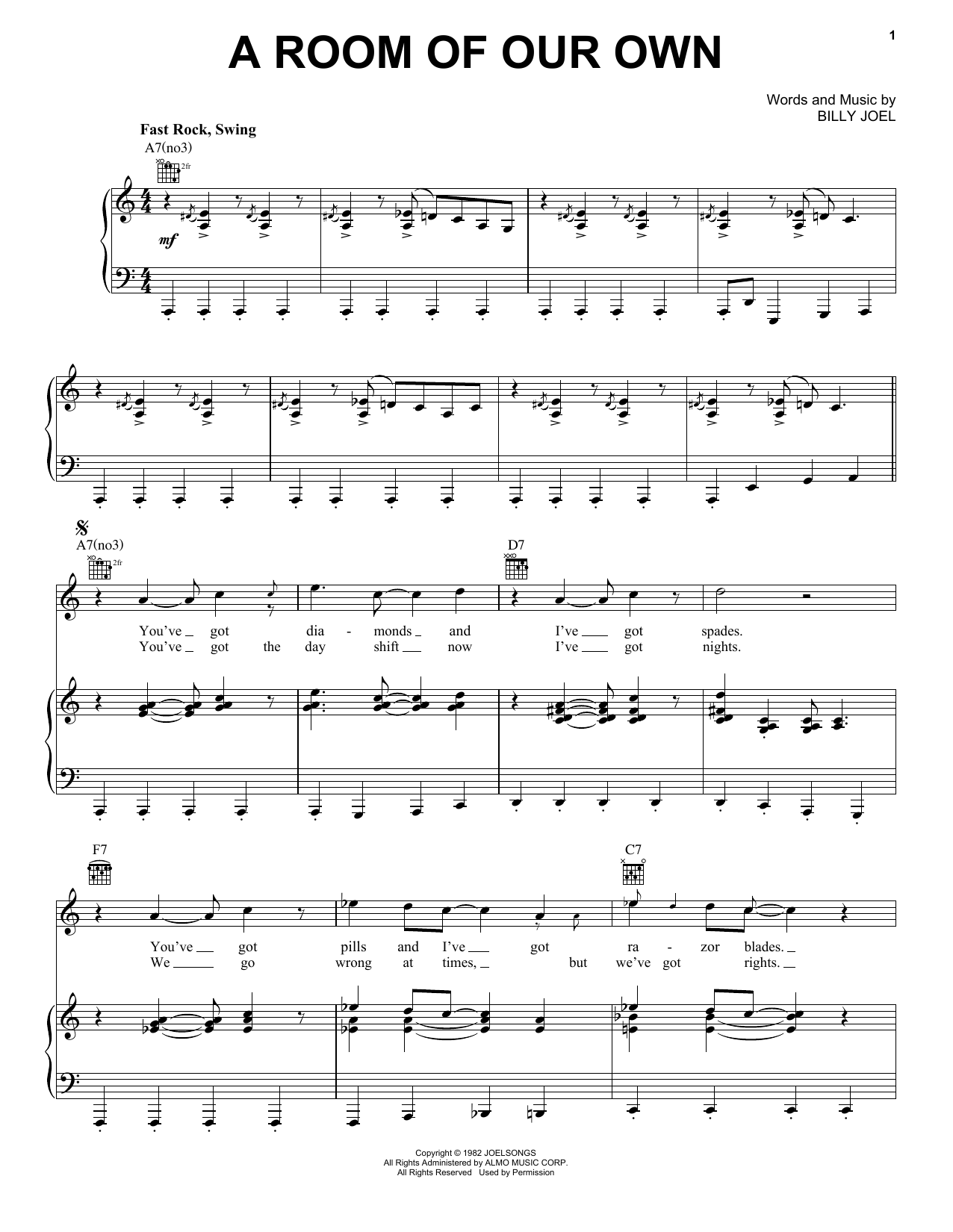 Billy Joel A Room Of Our Own Sheet Music Notes & Chords for Piano, Vocal & Guitar Chords (Right-Hand Melody) - Download or Print PDF
