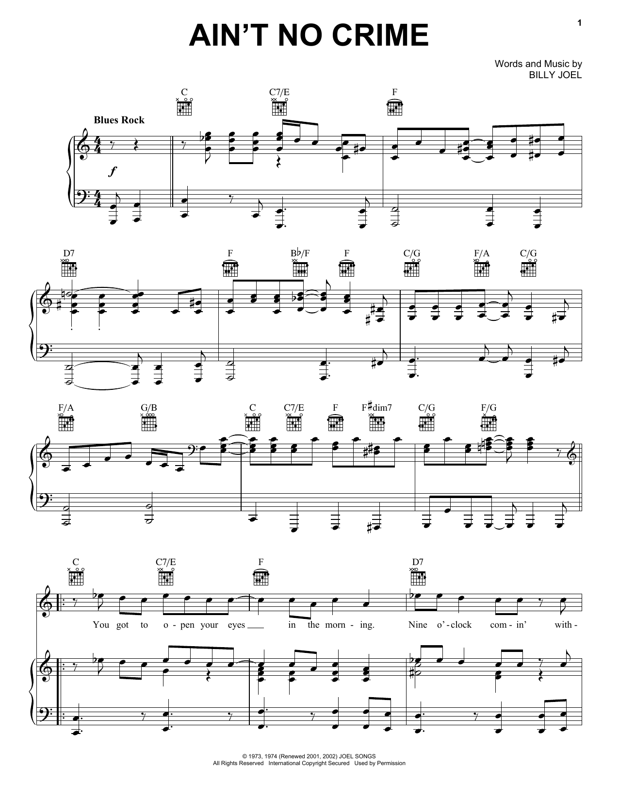 Billy Joel Ain't No Crime Sheet Music Notes & Chords for Piano, Vocal & Guitar (Right-Hand Melody) - Download or Print PDF