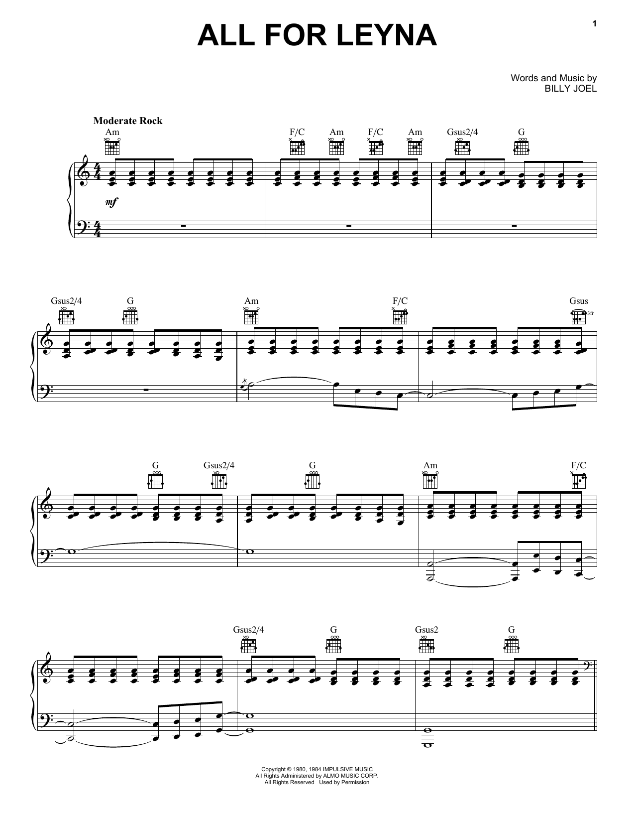 Billy Joel All For Leyna Sheet Music Notes & Chords for Piano, Vocal & Guitar (Right-Hand Melody) - Download or Print PDF