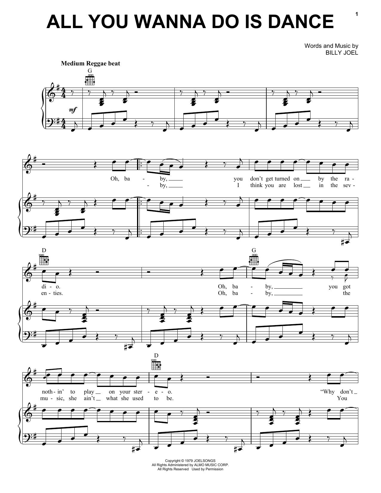 Billy Joel All You Wanna Do Is Dance Sheet Music Notes & Chords for Piano, Vocal & Guitar (Right-Hand Melody) - Download or Print PDF