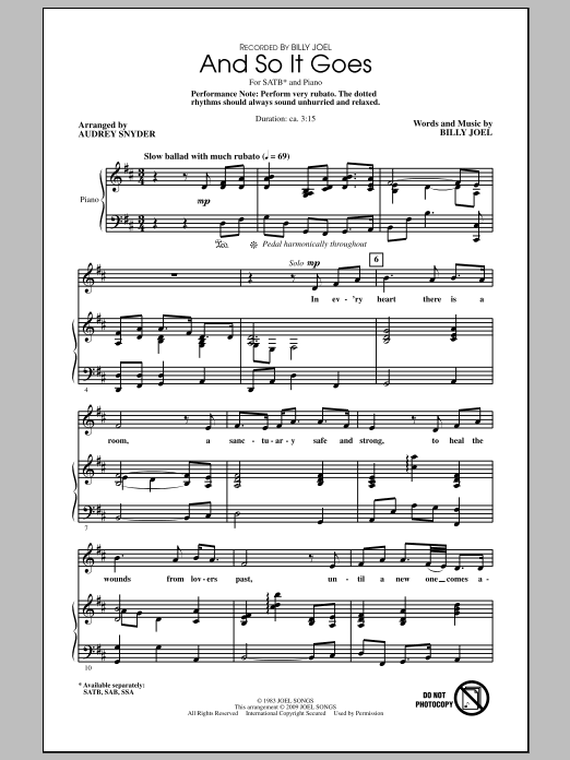 Billy Joel And So It Goes (arr. Audrey Snyder) Sheet Music Notes & Chords for SSA - Download or Print PDF