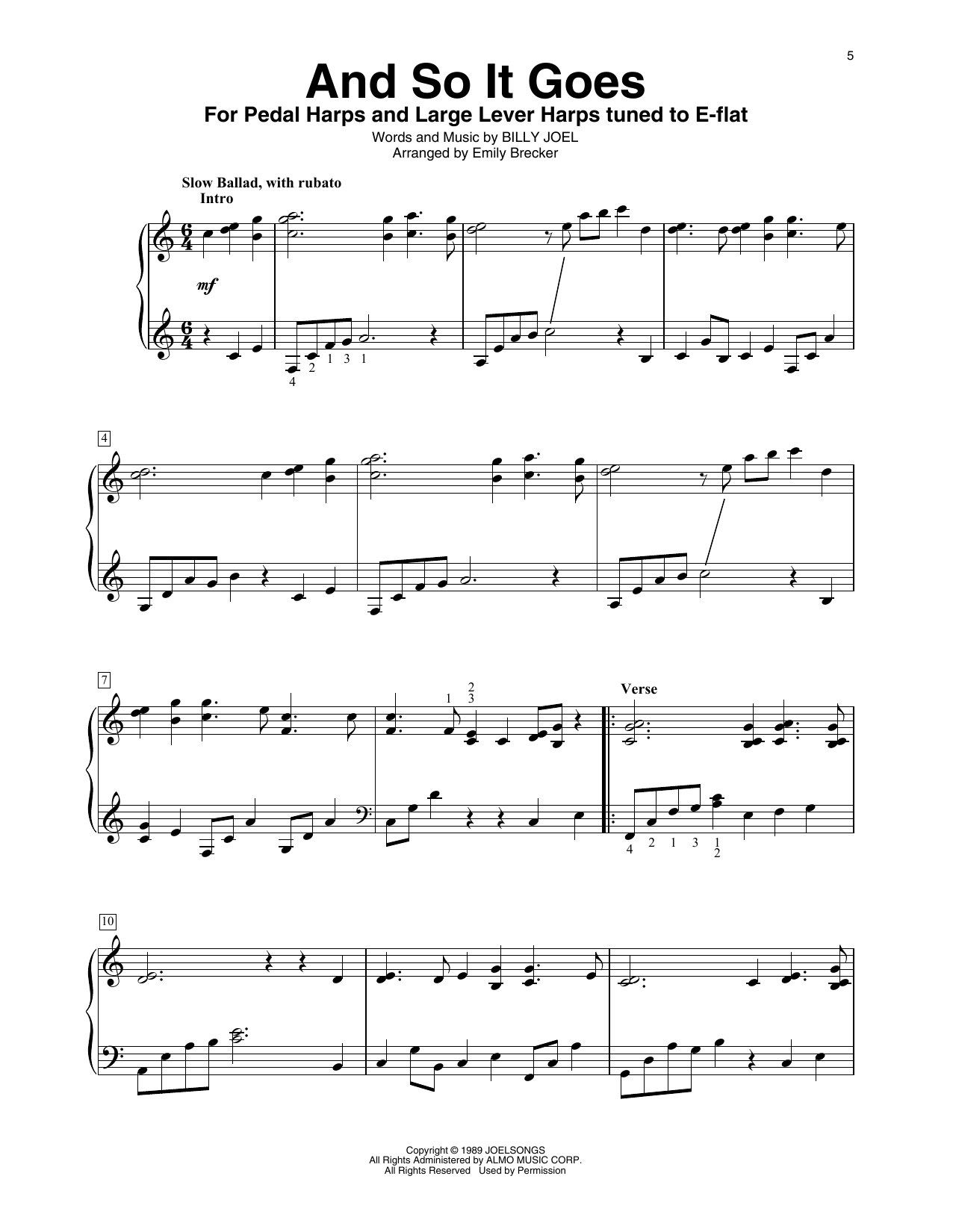 Billy Joel And So It Goes (arr. Emily Brecker) Sheet Music Notes & Chords for Harp - Download or Print PDF