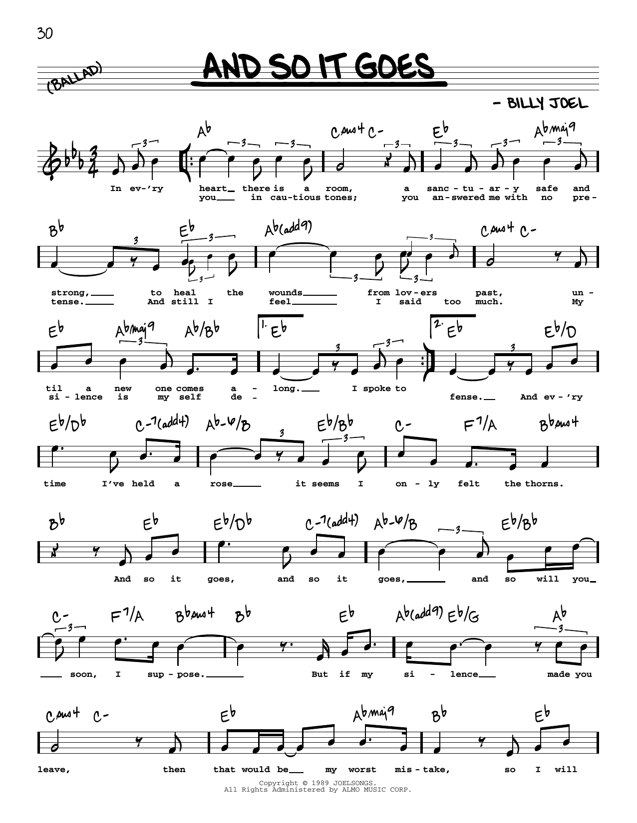 Billy Joel And So It Goes (High Voice) Sheet Music Notes & Chords for Real Book – Melody, Lyrics & Chords - Download or Print PDF