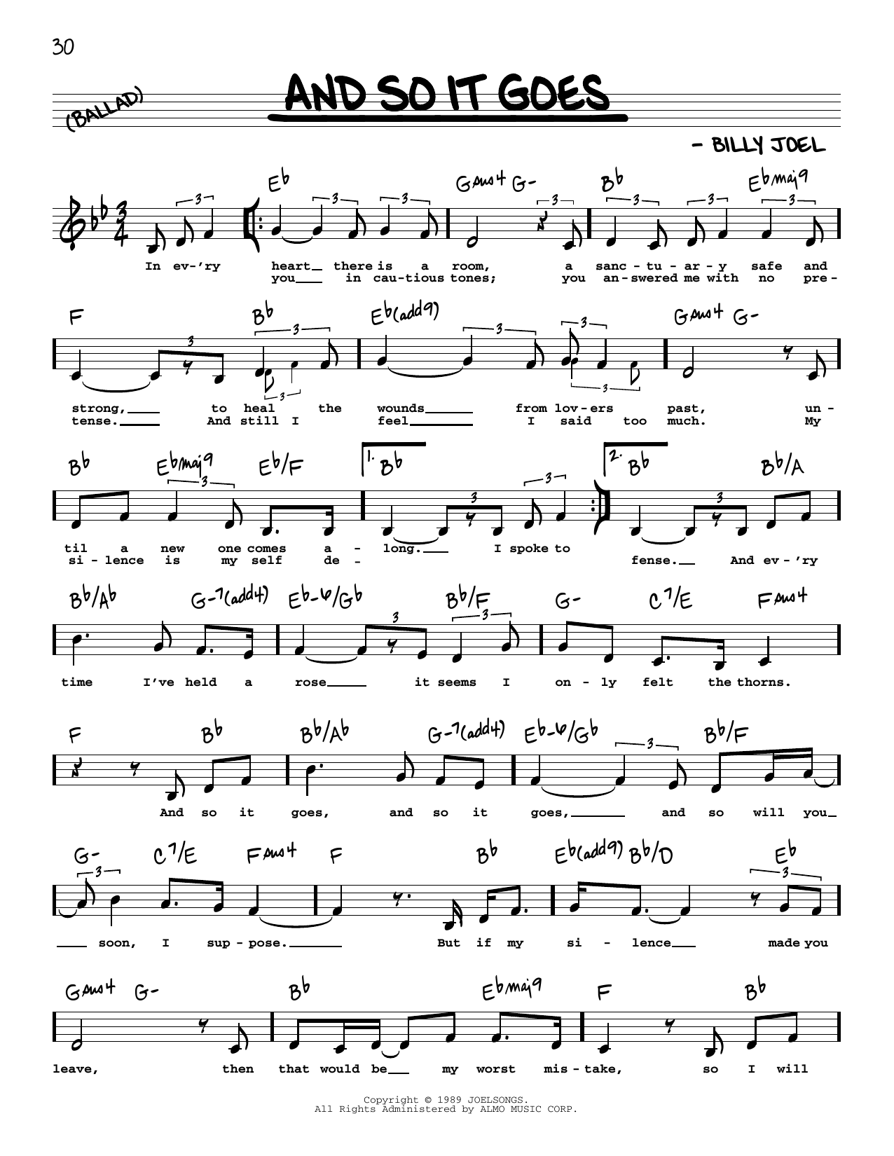 Billy Joel And So It Goes (Low Voice) Sheet Music Notes & Chords for Real Book – Melody, Lyrics & Chords - Download or Print PDF