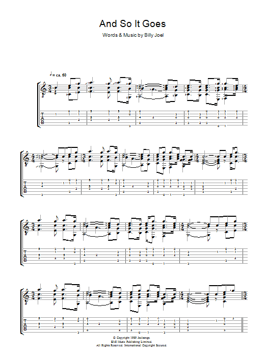 Billy Joel And So It Goes Sheet Music Notes & Chords for Solo Guitar Tab - Download or Print PDF