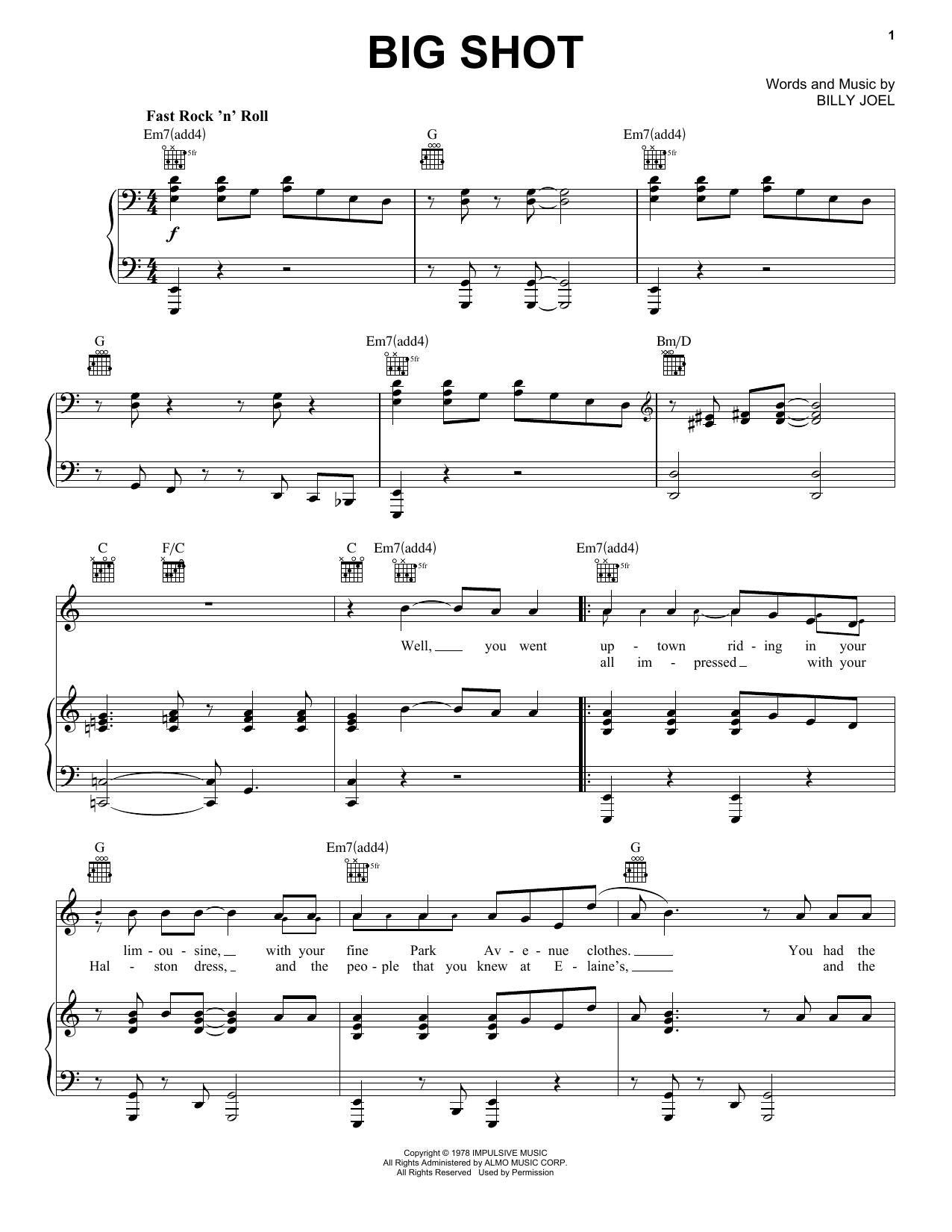 Billy Joel Big Shot Sheet Music Notes & Chords for Piano, Vocal & Guitar (Right-Hand Melody) - Download or Print PDF