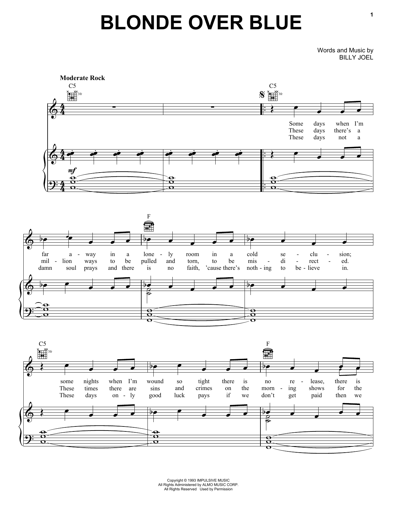 Billy Joel Blonde Over Blue Sheet Music Notes & Chords for Piano, Vocal & Guitar Chords (Right-Hand Melody) - Download or Print PDF