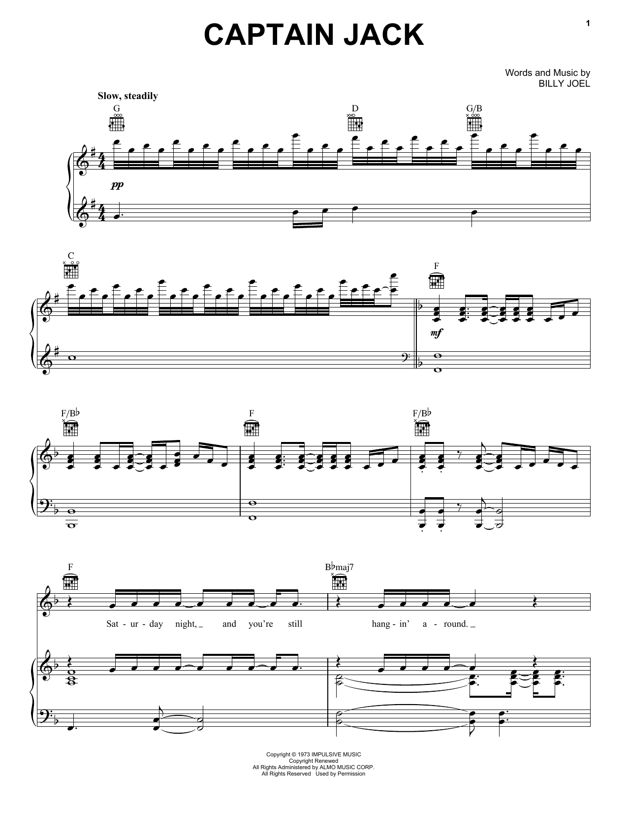 Billy Joel Captain Jack Sheet Music Notes & Chords for Melody Line, Lyrics & Chords - Download or Print PDF
