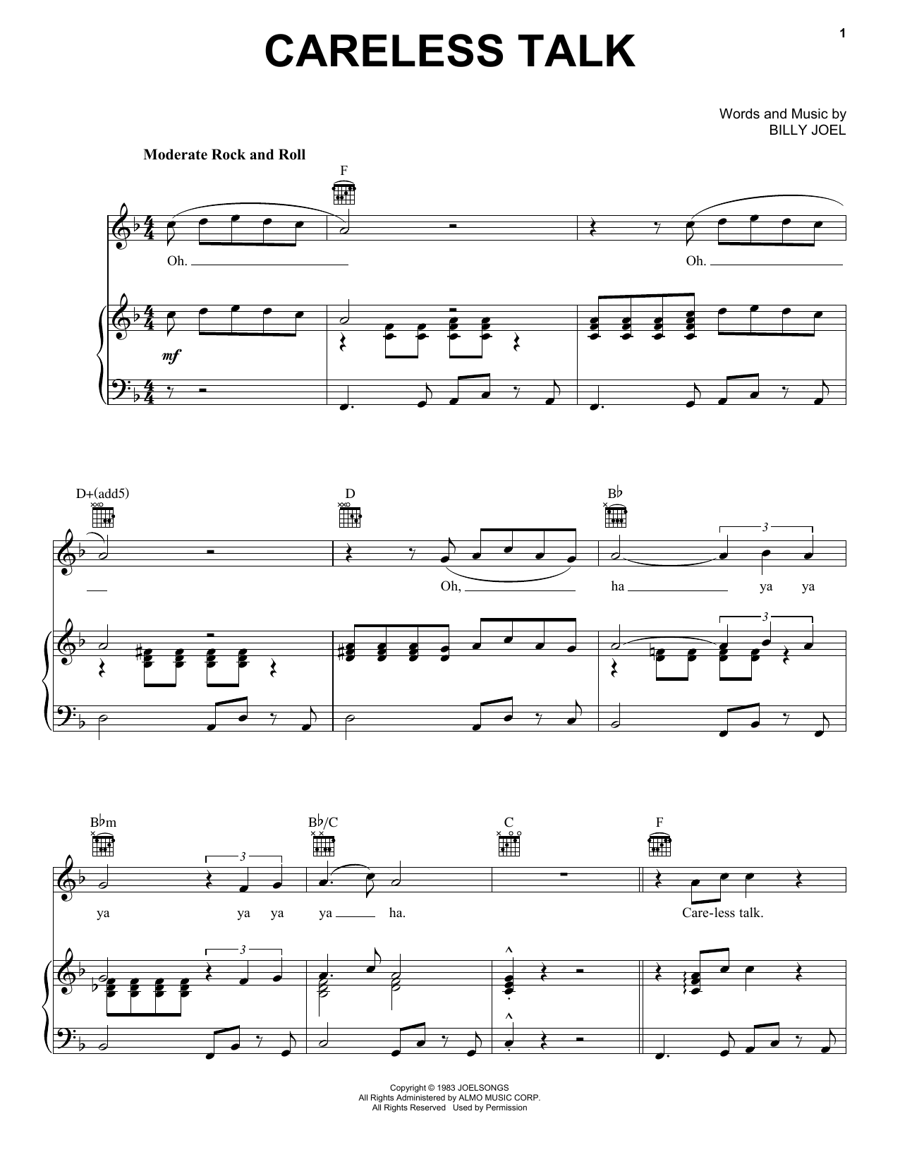 Billy Joel Careless Talk Sheet Music Notes & Chords for Piano, Vocal & Guitar (Right-Hand Melody) - Download or Print PDF