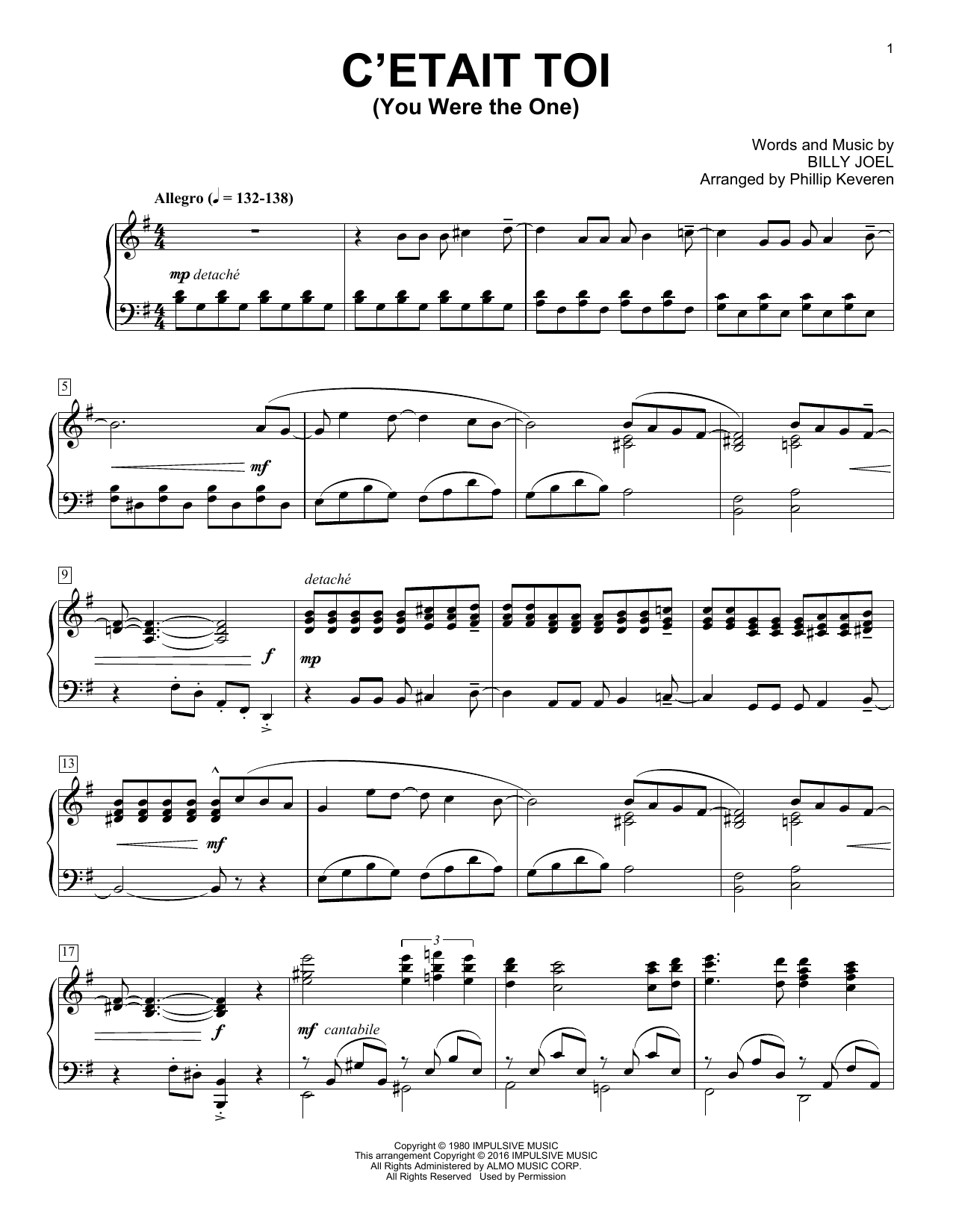 Billy Joel C'etait Toi (You Were The One) [Classical version] (arr. Phillip Keveren) Sheet Music Notes & Chords for Piano - Download or Print PDF